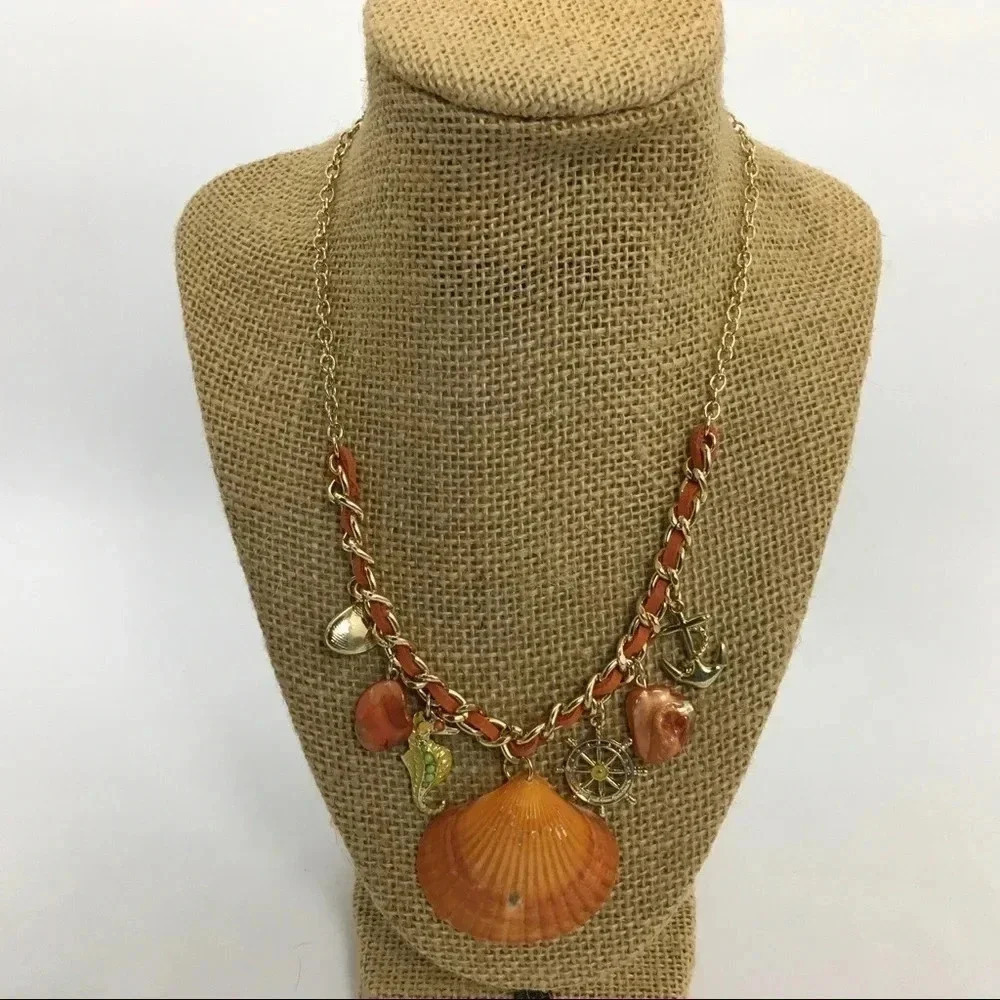 Gold Tone Orange‎ Seashell Charm Necklace